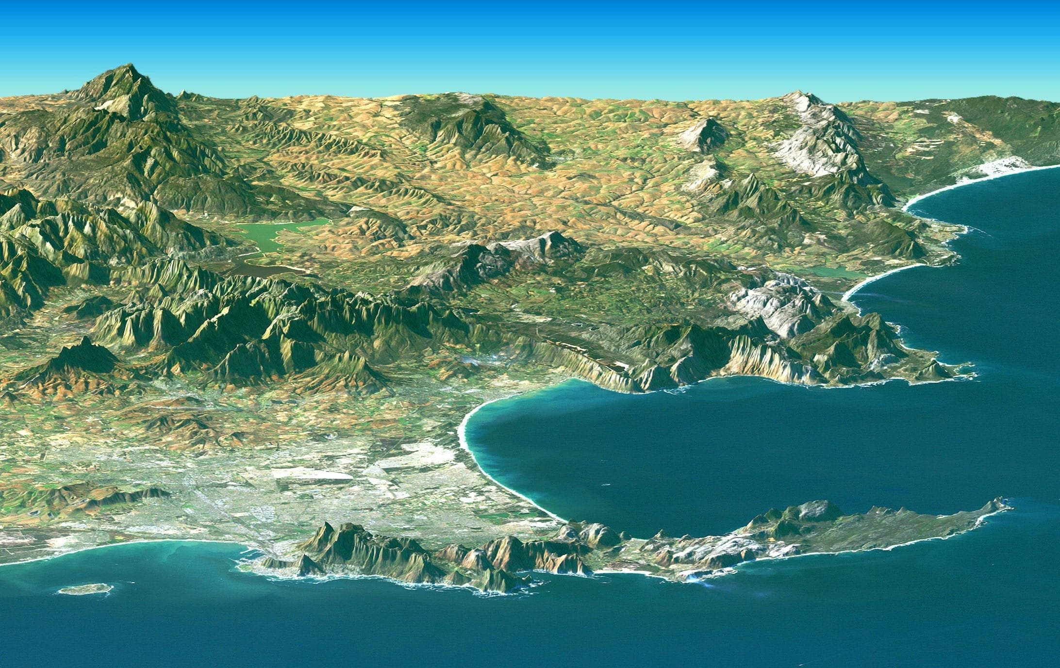 The Cape Peninsula reaching south from Table Mountain, the city wrapped around its northern and eastern flanks. Landsat frame, 30 metres per pixel.