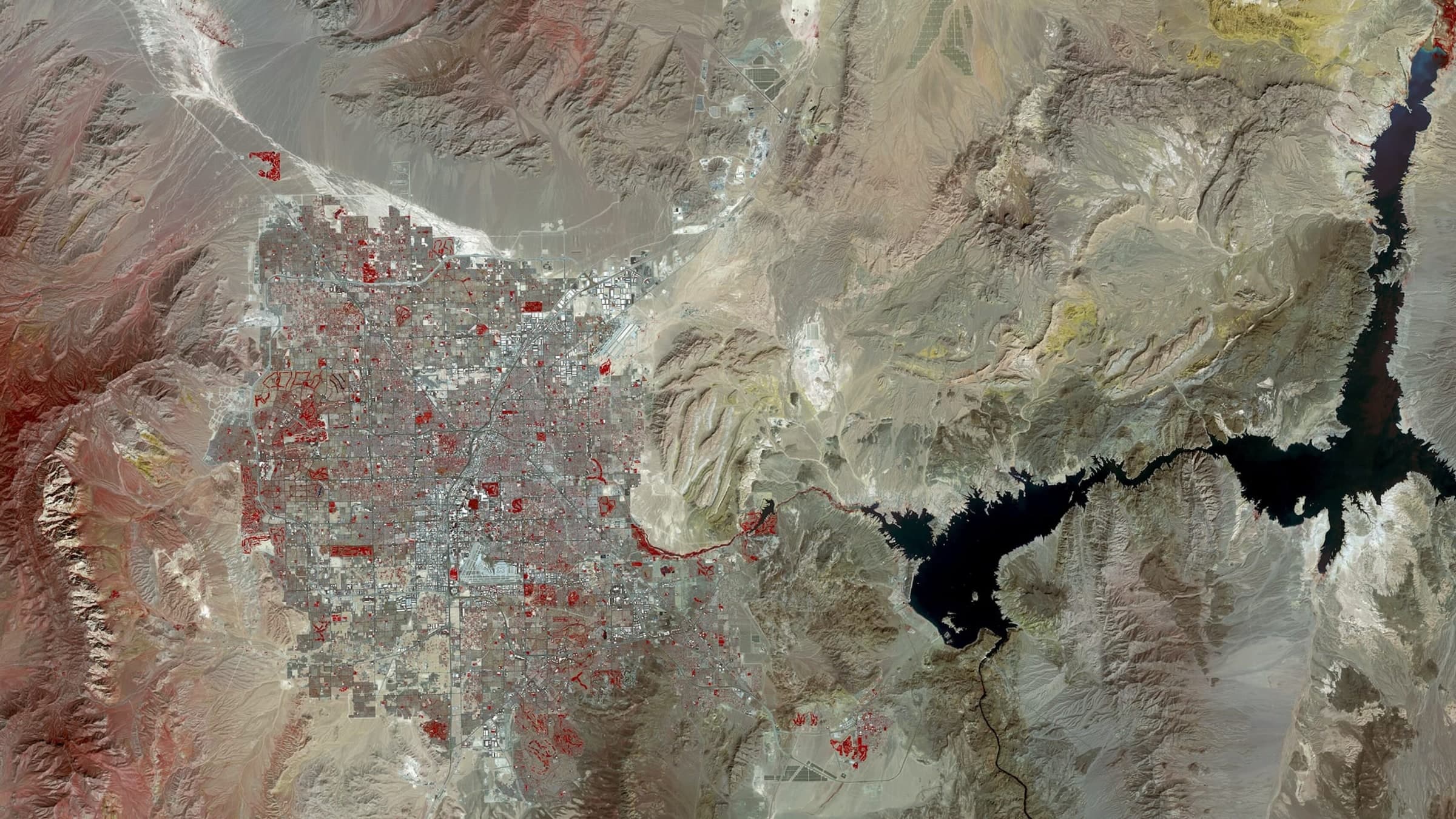 Las Vegas spread across the floor of the Mojave, the valley ending in a hard line where irrigated development meets bare desert. Landsat frame, 30 metres per pixel.