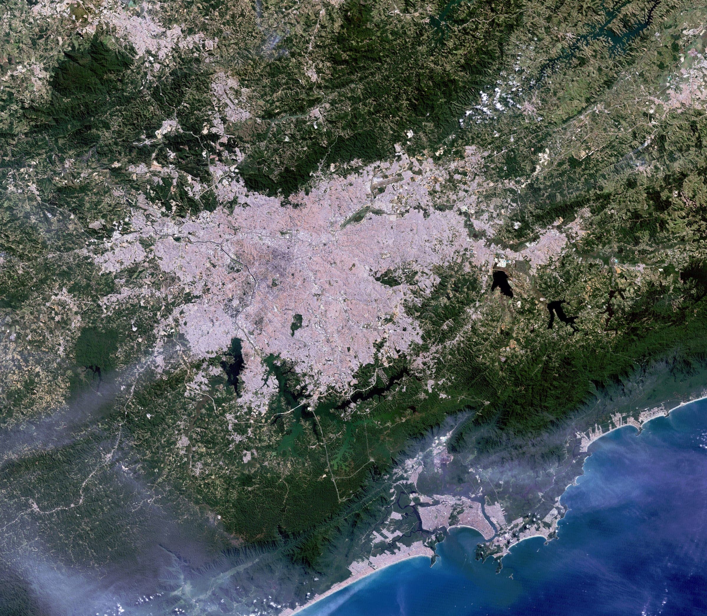 São Paulo filling the frame outward from the Tietê valley, one of the largest continuous urban areas in the southern hemisphere. Landsat frame, 30 metres per pixel.